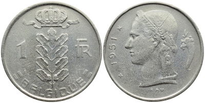 БЕЛЬГИЯ 1 ФРАНК 1951 BELGIQUE KM 142.1 медно-никель 4390-825