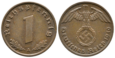 ГЕРМАНИЯ 1 РЕЙХСПФЕННИГ 1940 A KM 89, J. 361 бронза 71-1513