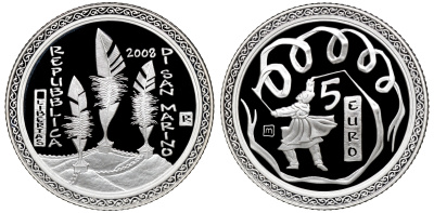 Сан-Марино 5 евро 2008 Олимпиада в Пекине, танец с лентами, в коробке с сертификатом KM 513 серебро PROOF 2-5-2-11