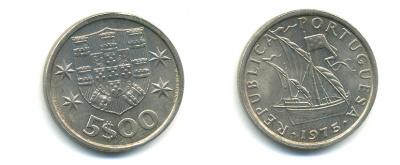 ПОРТУГАЛИЯ 5 ЭСКУДО 1975 ПАРУСНИК KM 591 медно-никель 176-226