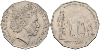 Австралия 50 центов 2005 60 лет со дня окончания Второй Мировой войны KM 746 медно-никель 4149-915