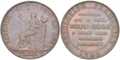 Франция 2 соля (су) 1792 LAN 4, революции, токен KM Tn25 бронза 189-521