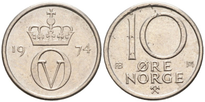Норвегия 10 эре 1974 Улаф V (1958-1991) КМ 416 медно-никель 4564-1269