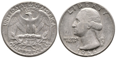 США 25 центов (квотер) 1966 Вашингтон KM 164а медь плакированная медно-никелем 4364-427