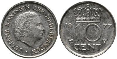НИДЕРЛАНДЫ 10 ЦЕНТОВ 1977 ЮЛИАНА KM 182 никель 4392-346
