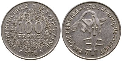 ВАЛЮТНОЕ СООБЩЕСТВО СТРАН ЗАПАДНОЙ АФРИКИ 100 ФРАНКОВ 1970 КМ 4 никель 56-853