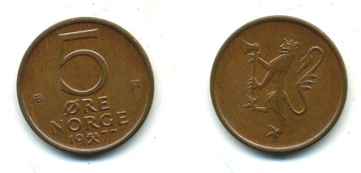 Норвегия 5 эре 1977 Улаф V (1958-1991) KM 415 бронза 4364-927