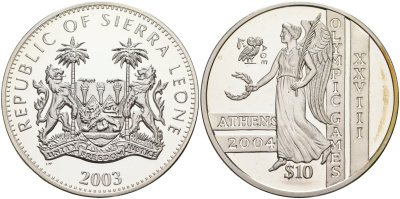 Сьерра-Леоне 10 долларов 2003 XXVIII олимпийские игры в Афинах, античный стрелок из лука KM 292 серебро PROOF 00-00