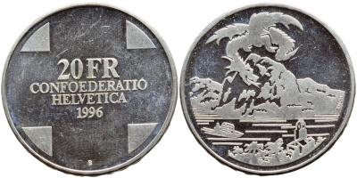 Швейцария 20 франков 1996 В, мифологический дракон KM 77 серебро PROOF 1524-723