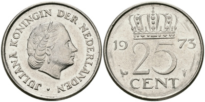 НИДЕРЛАНДЫ 25 ЦЕНТОВ 1973 ЮЛИАНА KM 183 никель 96-234