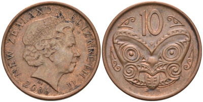 Новая Зеландия 10 центов 2006 маска Маори, Елизавета II (1952-) KM 117а сталь плакированная медью 176-116