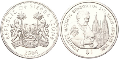 Сьерра-Леоне 1 доллар 2005 Папа Римский Бенедикт XVI посещает Кельн KM 326 медно-никель BU 4368-1231