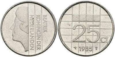 НИДЕРЛАНДЫ 25 ЦЕНТОВ 1985 БЕАТРИКС KM 204 никель 96-311