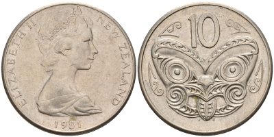 Новая Зеландия 10 центов 1981 Елизавета II (1952-2022), маска маори KM 41.1 медно-никель 4603-257