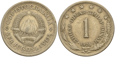 Югославия 1 динар 1974  KM 59 медь-никель-цинк    4601-1133