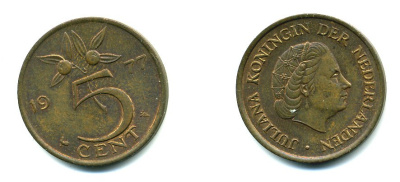 Нидерланды 5 центов 1977 Юлиана (1948-1980) KM 181 бронза 76-451