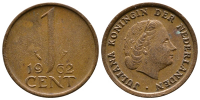 Нидерланды 1 цент 1962 Юлиана (1949-1980) КМ 180 бронза 4110-1746