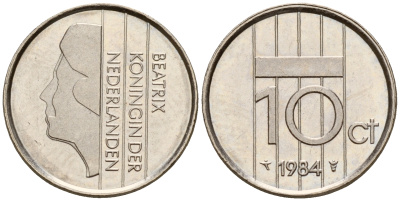 Нидерланды 10 центов 1984 Беатрикс KM 203 никель  UNC  4598-1226