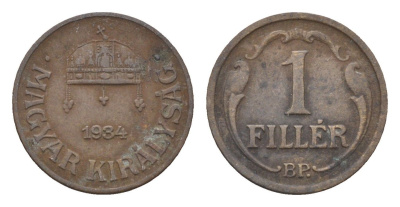 Венгрия 1 филлер 1934 BP, редкий год KM 505 бронза 4665-355