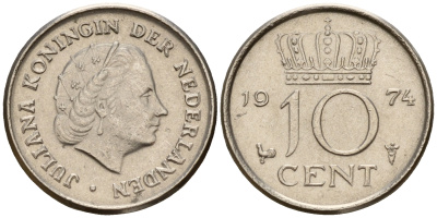 Нидерланды 10 центов 1974 Юлиана (1949-1980) KM 182 никель    4598-318