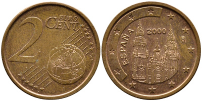ИСПАНИЯ 2 ЕВРОЦЕНТА 2000 KM 1041 сталь плакированная медью 4392-111