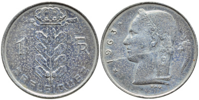 Бельгия 1 франк 1963 Belgique, Бодуэн I (1951-1993) KM 142.1 медно-никель 4388-637