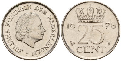 Нидерланды 25 центов 1978 Юлиана (1949-1980) KM 183 никель    4598-128