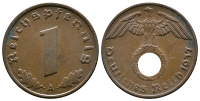 Германия 1 рейхспфенниг 1937 A KM 89, J. 361 бронза    220-231