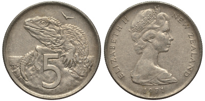 Новая Зеландия 5 центов 1971 Елизавета II (1952-2022), ящерица гаттерия KM 34.1 медно-никель 4181-421