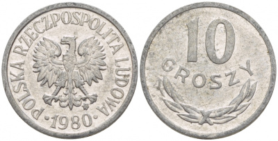 ПОЛЬША 10 ГРОШЕЙ 1980 MW KM АА47 алюминий 4549-765