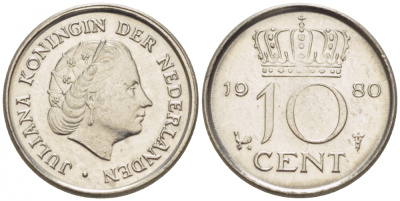 Нидерланды 10 центов 1980 Юлиана (1949-1980) KM 182 никель 3457-1232