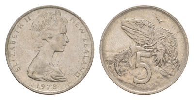 Новая Зеландия 5 центов 1978 Елизавета II (1952-2022), ящерица гаттерия KM 34.1 медно-никель 4178-341