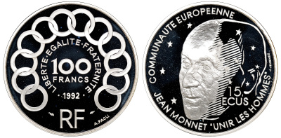 Франция 100 франков - 15 экю 1992 Жан Моне, в оригинальной коробке с сертификатом KM 1012 серебро PROOF 7-5-6-35