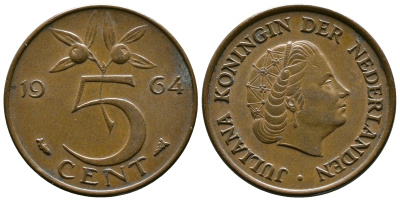 НИДЕРЛАНДЫ 5 ЦЕНТОВ 1964 ЮЛИАНА KM 181 бронза 261-851