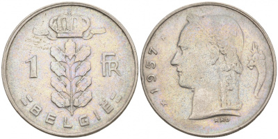 БЕЛЬГИЯ 1 ФРАНК 1957 BELGIE KM 143.1 медно-никель 68-533
