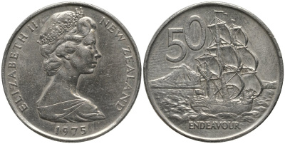 Новая Зеландия 50 центов 1975 Елизавета II (1952-2022), парусник Индевор KM 37 медно-никель 4578-111