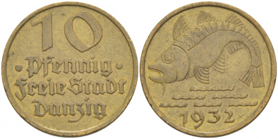 Данциг 10 пфеннигов 1932 рыба J. D 13, KM 152 алюминиевая бронза 68-657