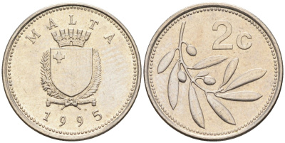 Мальта 2 цента 1995 оливковая ветвь KM 94 медно-никель 188-667