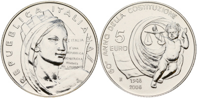 Италия 5 евро 2008 60 лет Итальянской Конституции, в оригинальной коробке серебро UNC 4-3-5-06