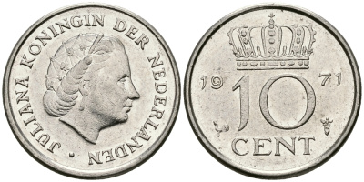 Нидерланды 10 центов 1971 Юлиана (1948-1980) KM 182 никель 96-361