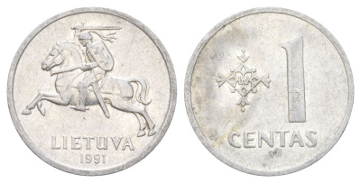 Литва 1 цент 1991 KM 85 алюминий 4627-1247