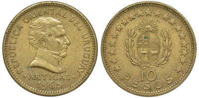 Уругвай 10 песо 1965 KM 48 алюминиевая бронза 4572-611