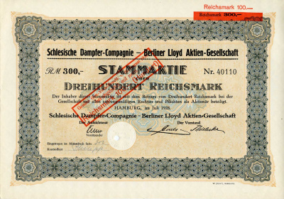 Германия 300 рейхсмарок 1928 Силезская пароходная компания, АО Берлинского Ллойда, акция   бумага   8801-25-1