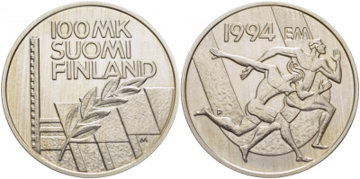 Финляндия 100 марок 1994 стадион дружбы, бег KM 78 серебро UNC 11-090-12
