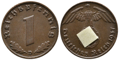 ГЕРМАНИЯ 1 РЕЙХСПФЕННИГ 1937 D KM 89, J. 361 бронза 39-1125
