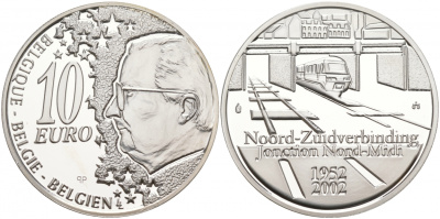 Бельгия 10 евро 2002 50 лет открытию железнодорожной ветки Норд-Миди около Брюсселя KM 233 серебро PROOF 11-014-34