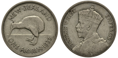 Новая Зеландия 1 флорин 1933 Георг V (1910-1936), птичка киви KM 4 серебро 272-1211