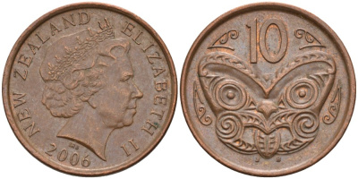 Новая Зеландия 10 центов 2006 маска Маори, Елизавета II (1952-) KM 117а сталь плакированная медью 186-432