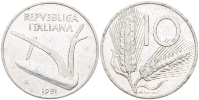 ИТАЛИЯ 10 ЛИР 1981 R, КОЛОСЬЯ, ПЛУГ KM 93 алюминий 4513-1124