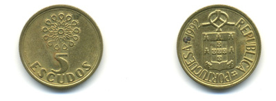 ПОРТУГАЛИЯ 5 ЭСКУДО 1992 KM 632 никель-бронза 176-325